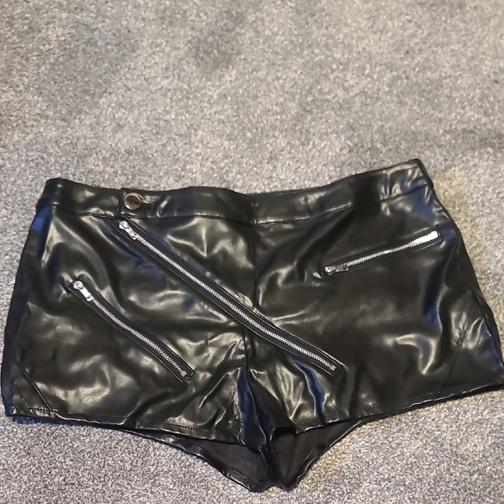 Black Faux Leather Shorts with Zipper Details